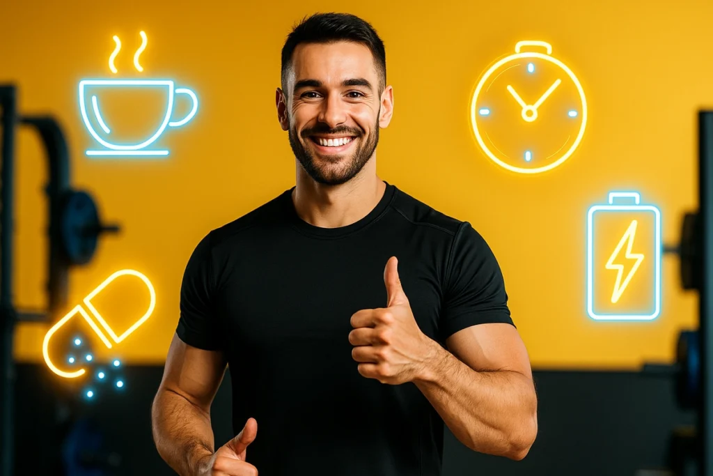 Fitness trainer recommending caffeine cycling in gym environment