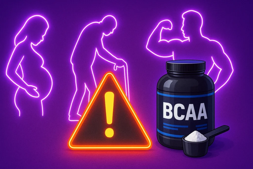 Warning sign with icons of people at risk from high BCAA use