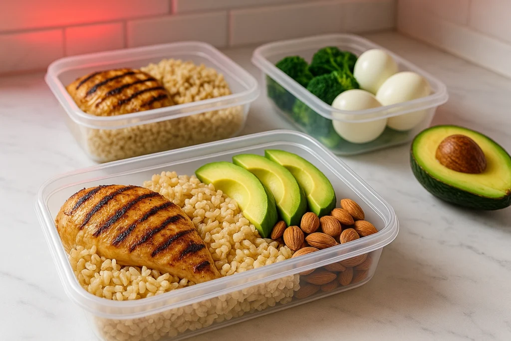 Clean bulking with whole foods like chicken, eggs, rice, and avocado in meal prep containers
