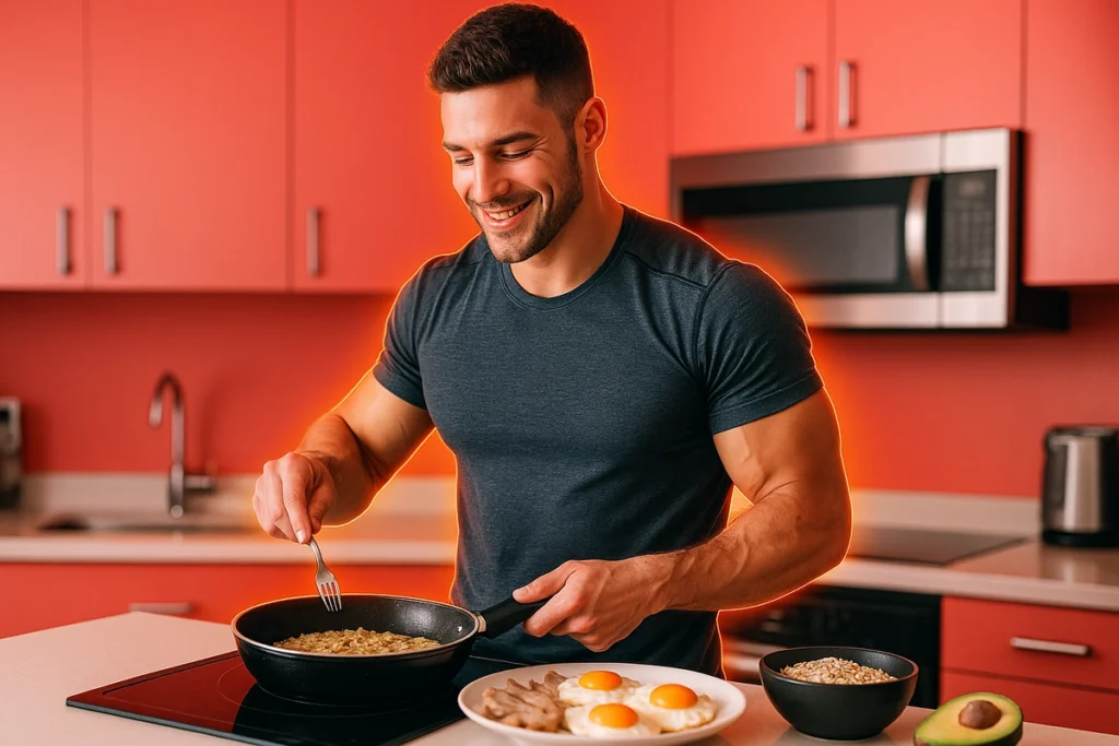 Athletic man cooking whole foods for clean bulking in kitchen