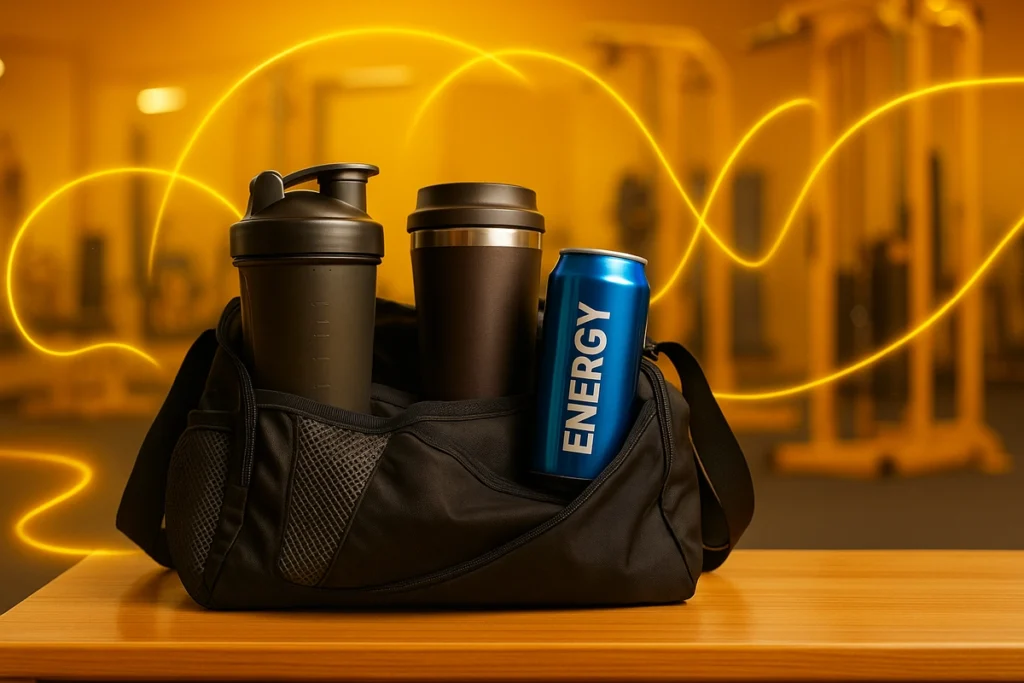 Gym bag with shaker, coffee, and energy drink representing caffeine use in fitness