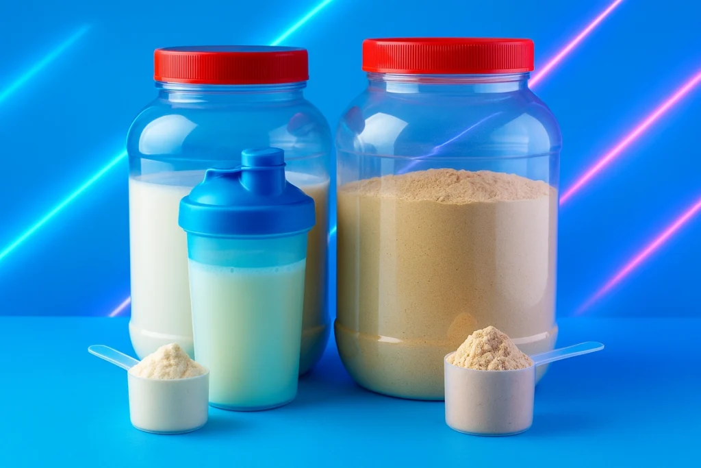 Casein vs whey protein powders with scoops and shaker on neon blue background