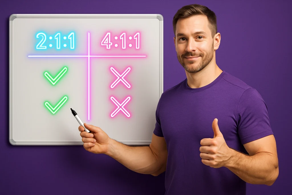 Trainer comparing 2:1:1 and 4:1:1 BCAA ratios on whiteboard