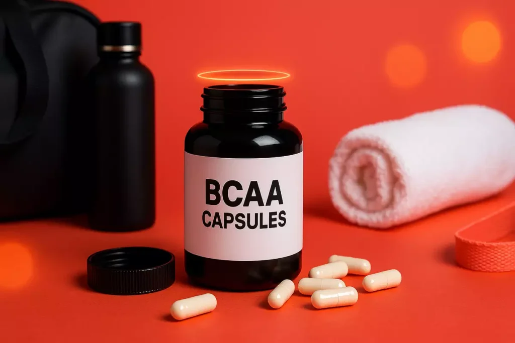 BCAA capsules on gym bench with fitness gear