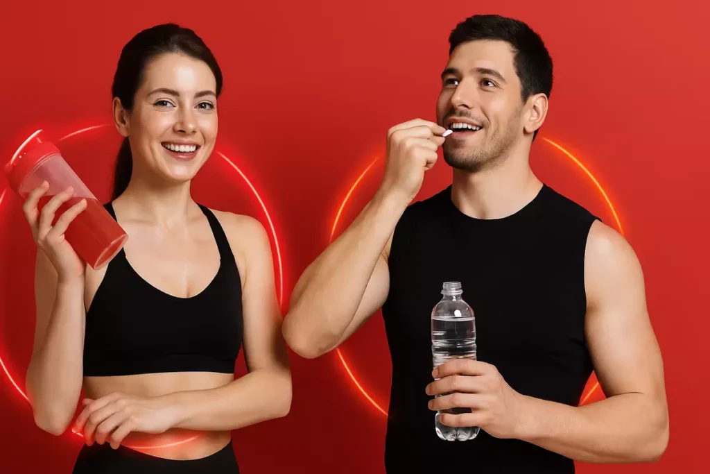 Man taking BCAA capsules and woman drinking BCAA powder shake in red background