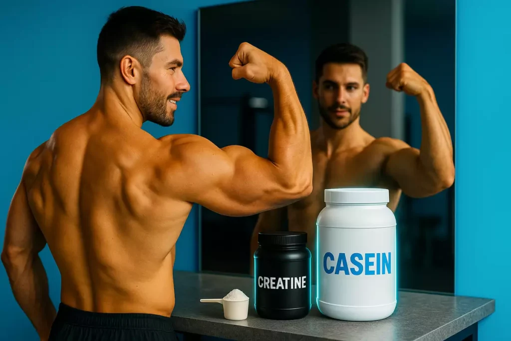 Fitness image highlighting the benefits of combining creatine with casein for muscle gain and strength