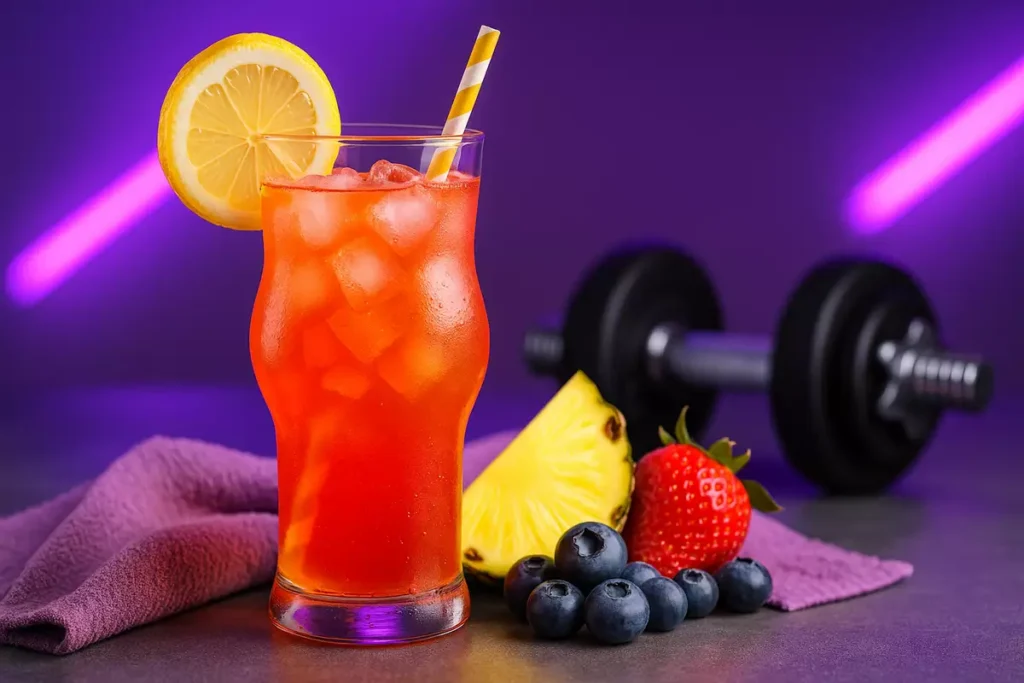 Fruity flavored BCAA drink with gym background and condensation