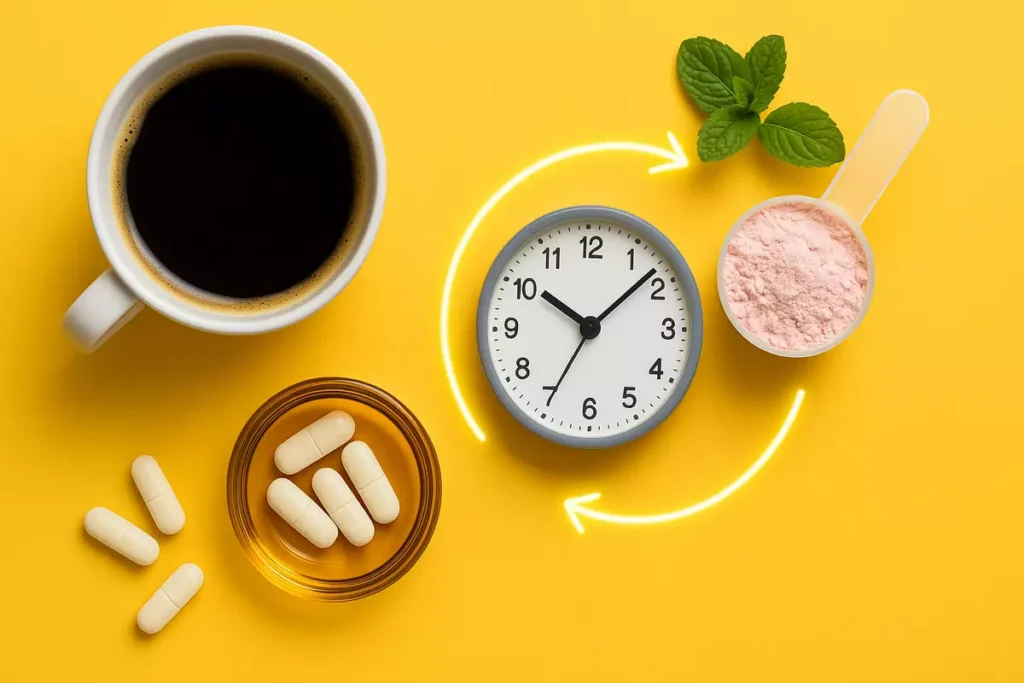 Coffee, pills, and pre-workout supplements with workout timing strategy