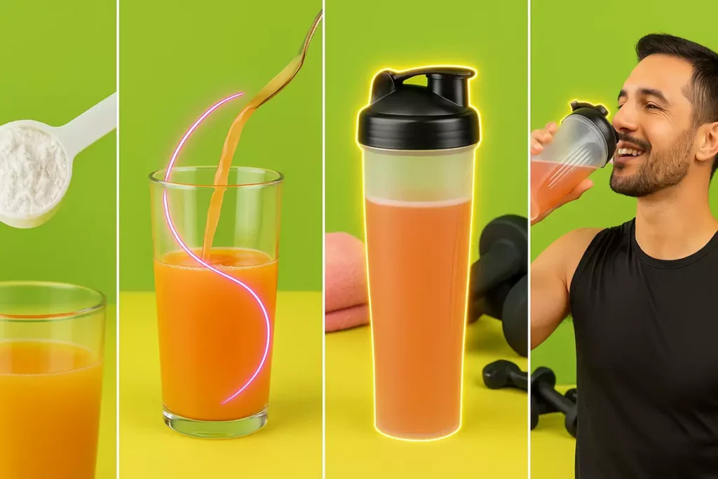Step-by-step method of mixing creatine monohydrate with juice after workout