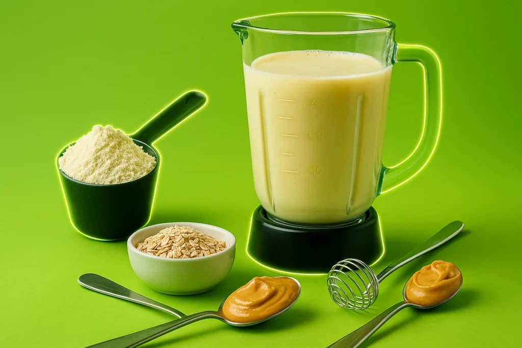 Mass gainer shake being prepared in a blender with peanut butter and oats.