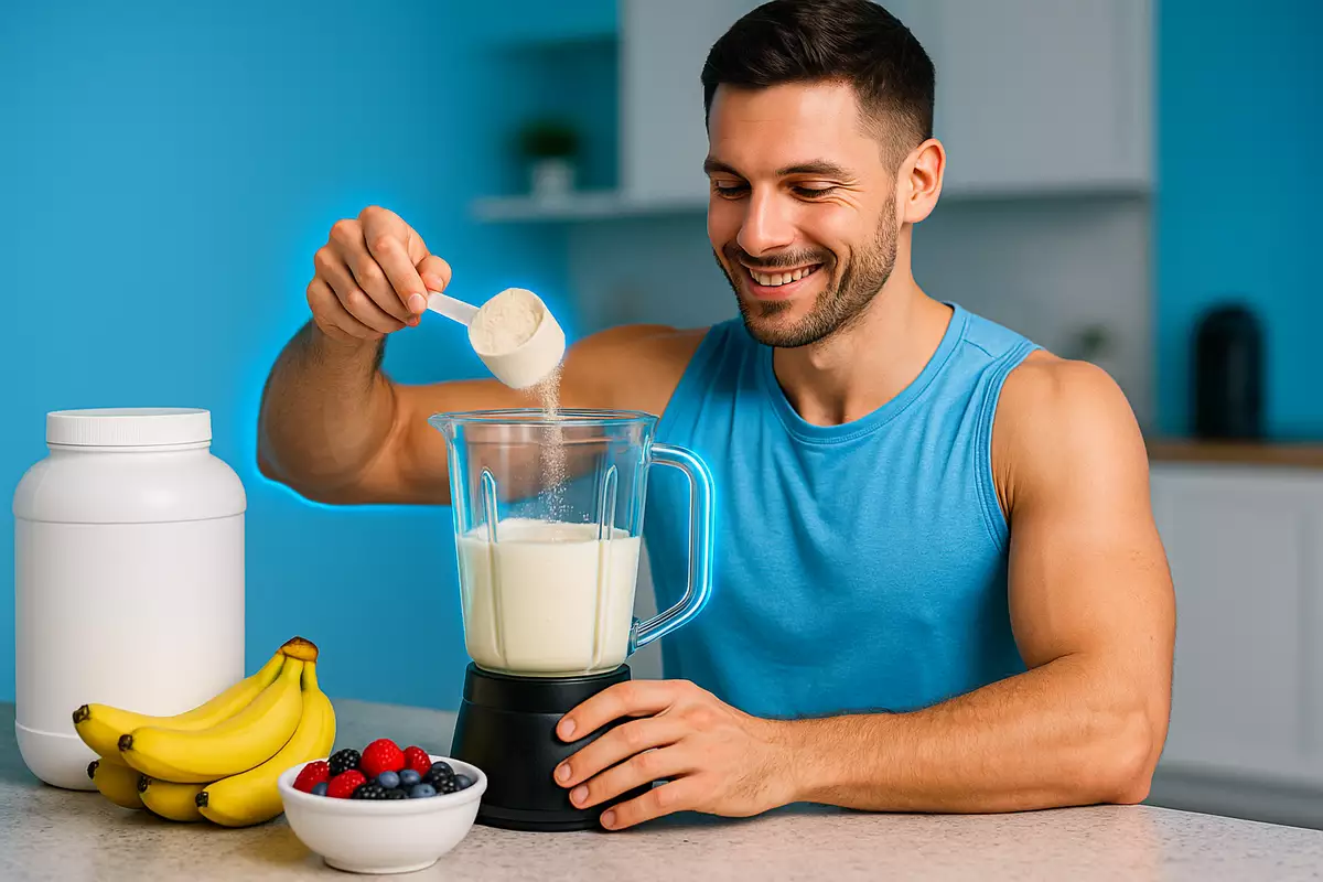 fitness trainer mixing whey protein with milk, bananas, and berries for best taste