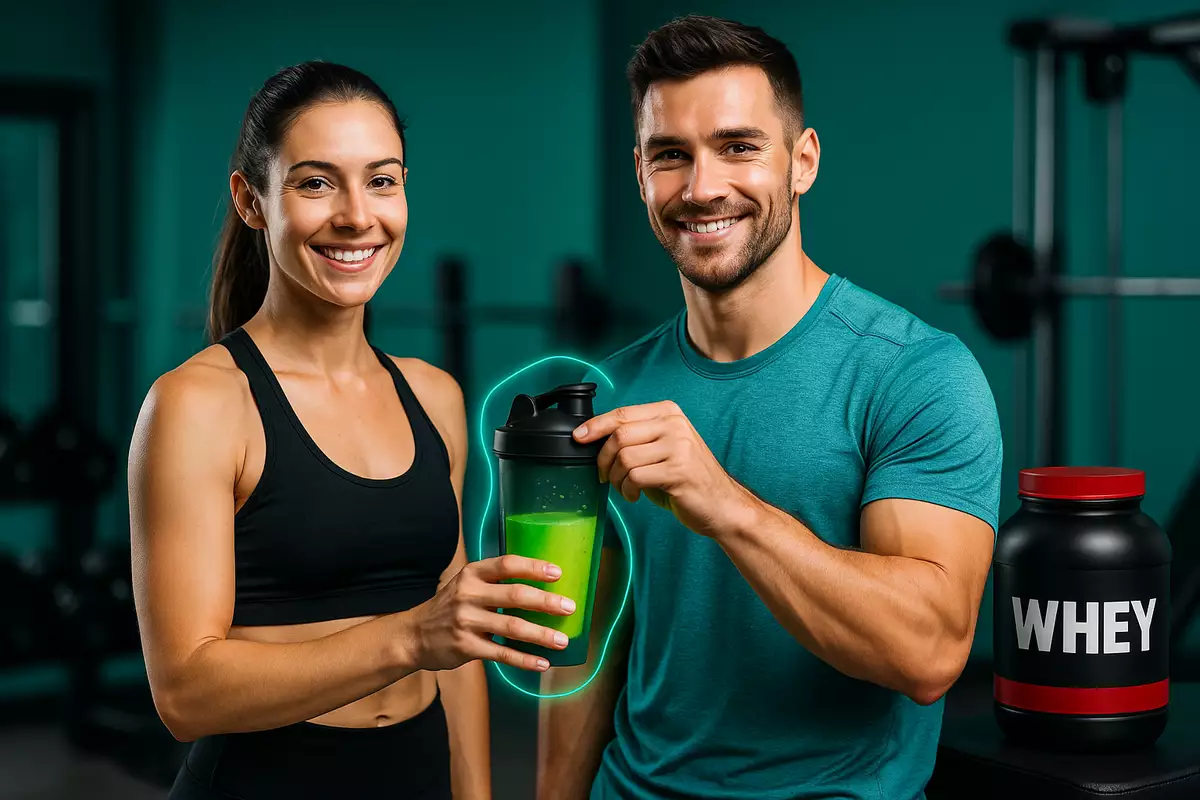Beginner man and woman holding whey protein shaker in gym – best whey protein powder 2025