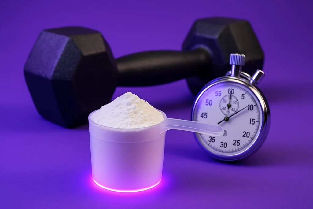Beta-alanine powder next to dumbbells and a stopwatch representing strength and endurance