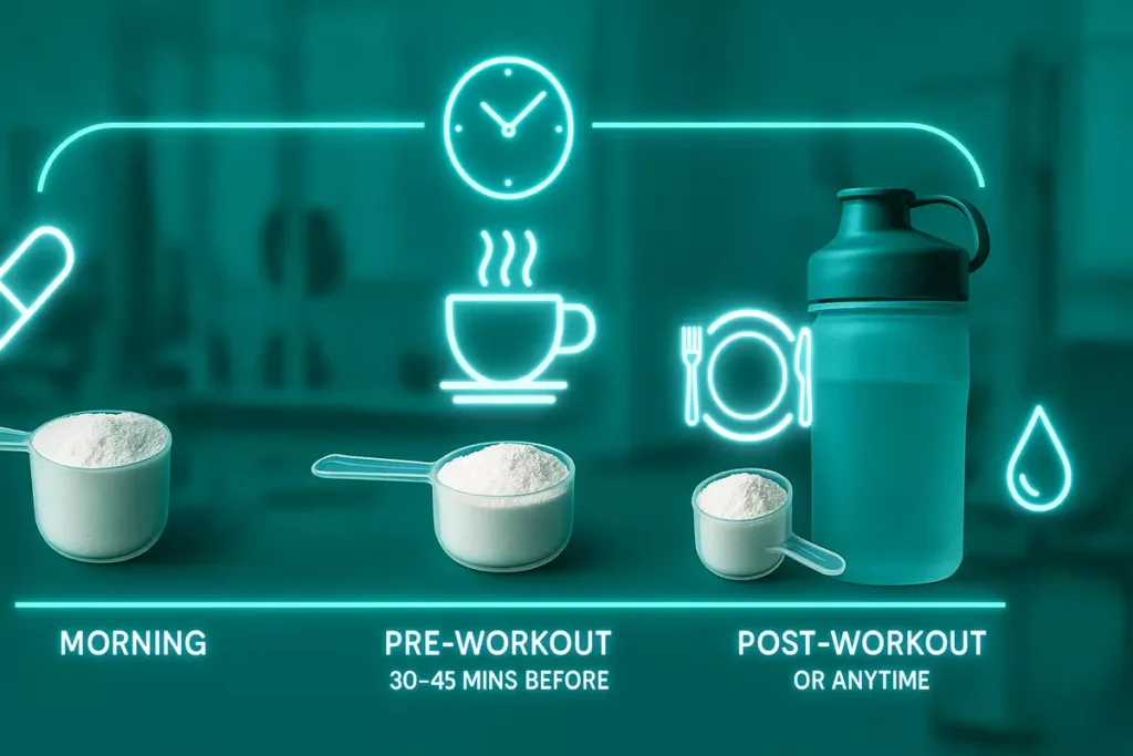 Daily timing and dosage guide for stacking beta-alanine, creatine, and caffeine with icons and timeline for workout performance optimization
