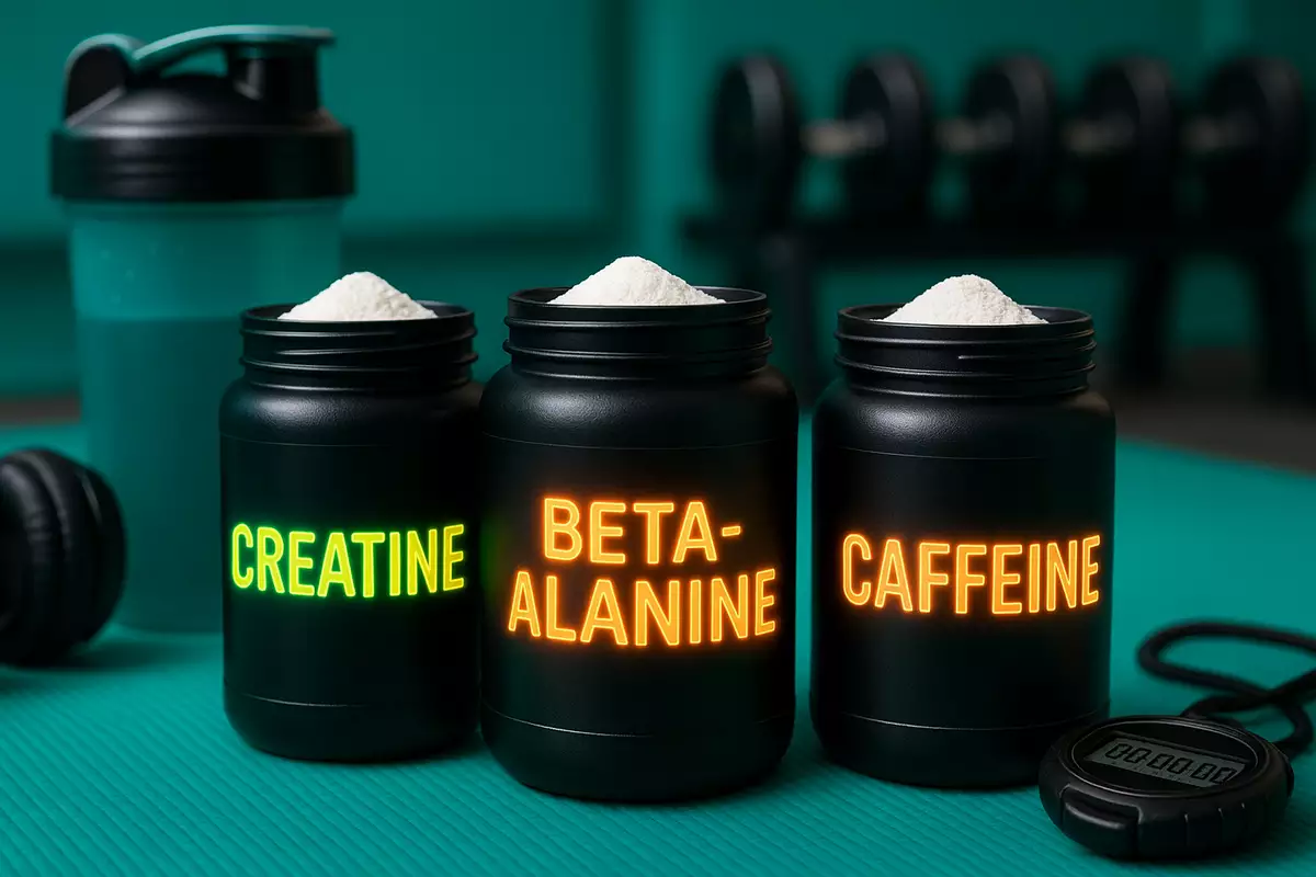 Main thumbnail showing beta-alanine, creatine, and caffeine supplements for workout stack on gym background