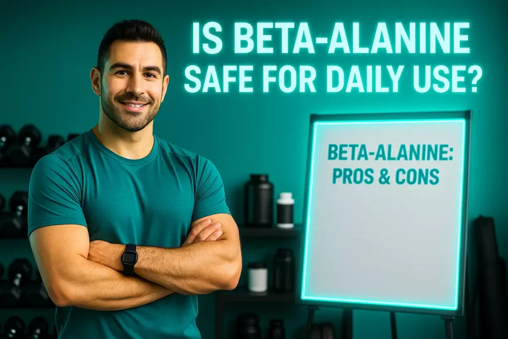 Fitness trainer reviewing pros and cons of beta-alanine with checklist in gym setting