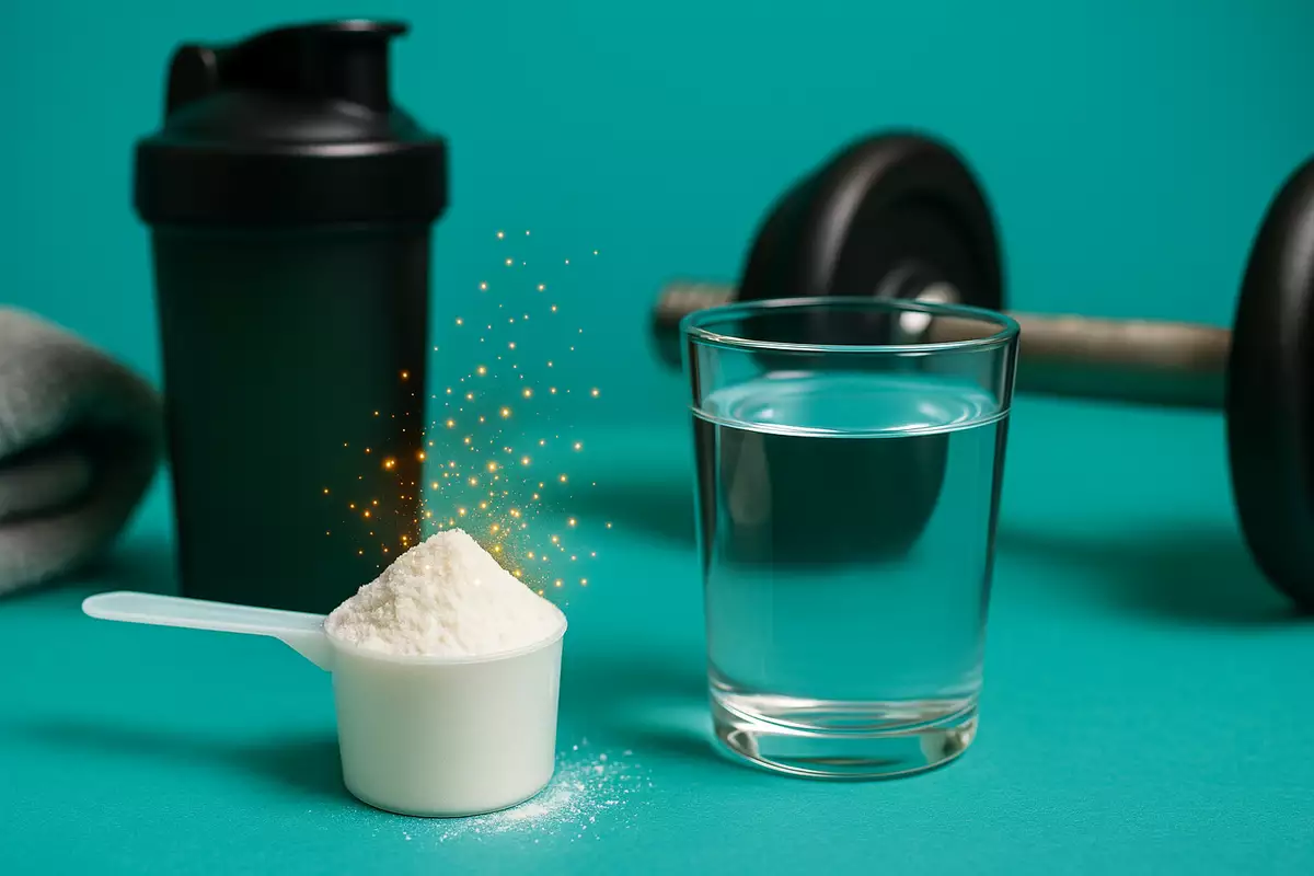 Beta-alanine powder and water in gym setting with tingling effect visual