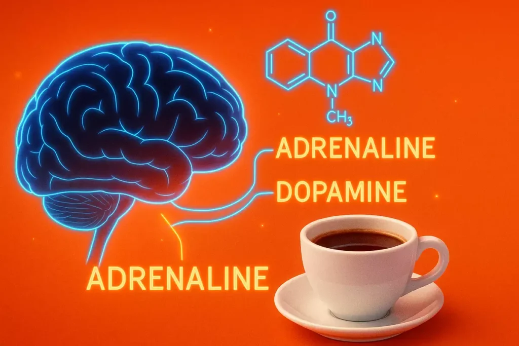 Visual representation of how caffeine reduces appetite through brain and hormone stimulation