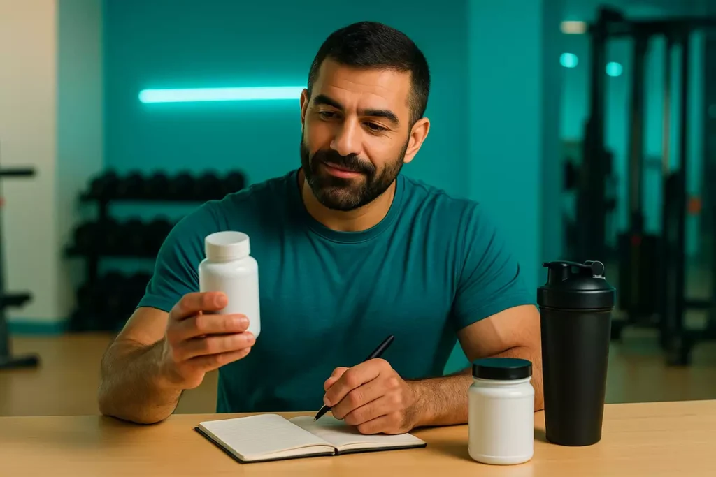 Fitness trainer reviewing caffeine and beta-alanine stack for performance benefits