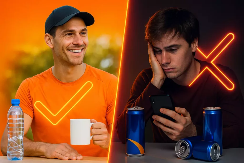 Smart tips to use caffeine safely during cutting, showing good vs. bad habits visually