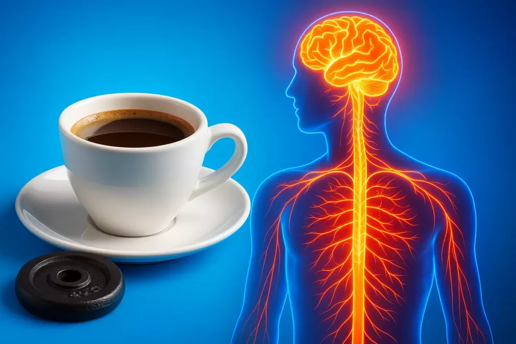 Nervous system illustration showing caffeine stimulating effects during workout
