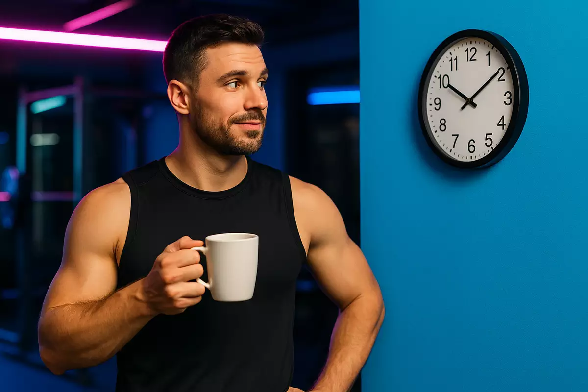 Fitness trainer holding coffee cup late evening at gym showing caffeine effect on sleep after workout