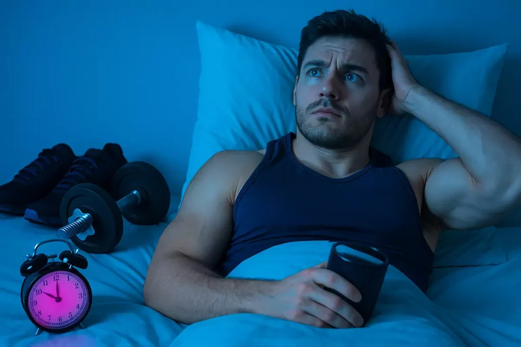 Athlete struggling to sleep at night after caffeine evening workout affecting recovery