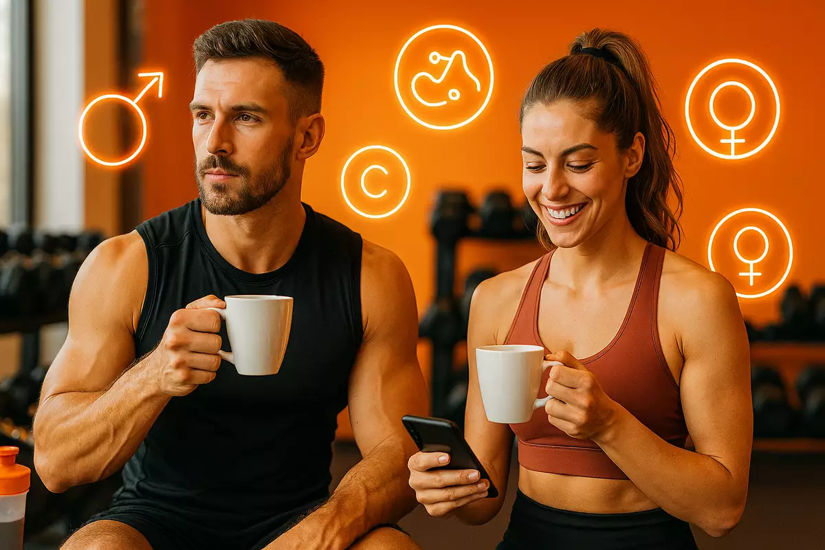 Fit man and woman holding coffee cups in gym with hormone icons around them
