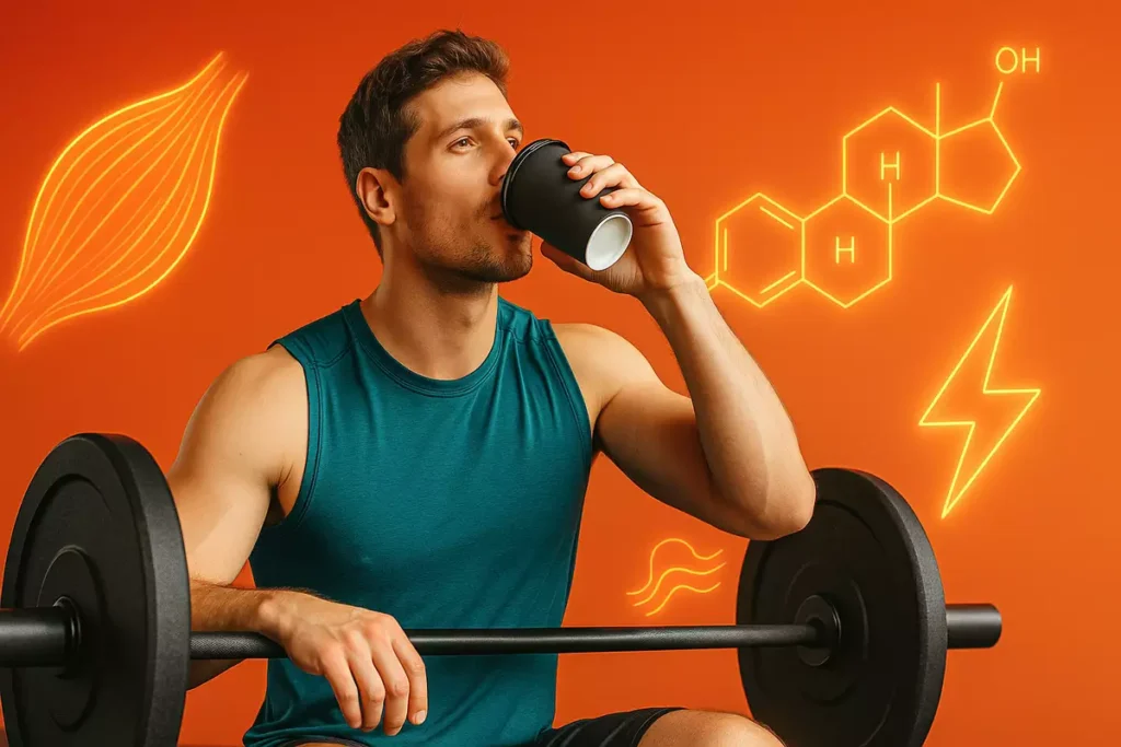 Athlete drinking coffee before workout with visual effects of muscle and hormone activity