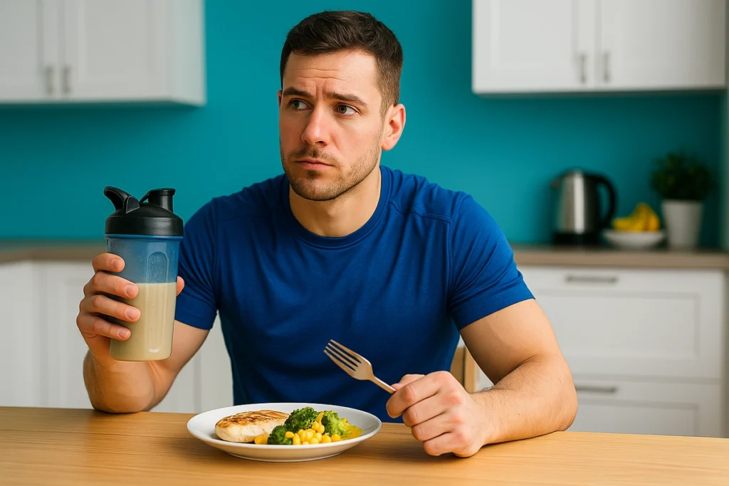 Man comparing whey protein shake with healthy meal at kitchen table