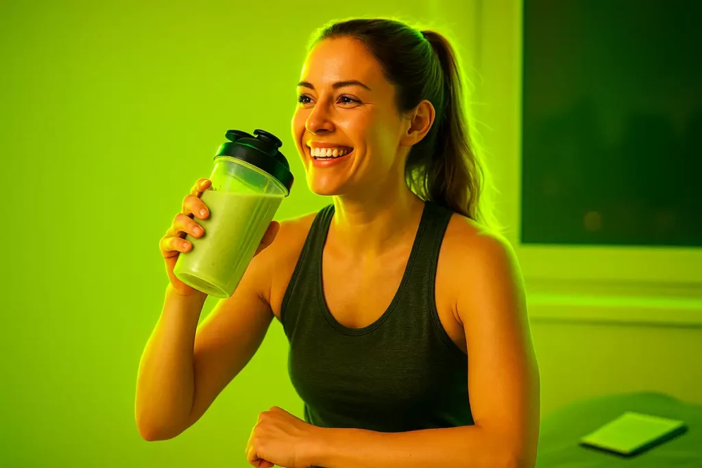 Athlete drinking casein shake before bed to maximize muscle growth results