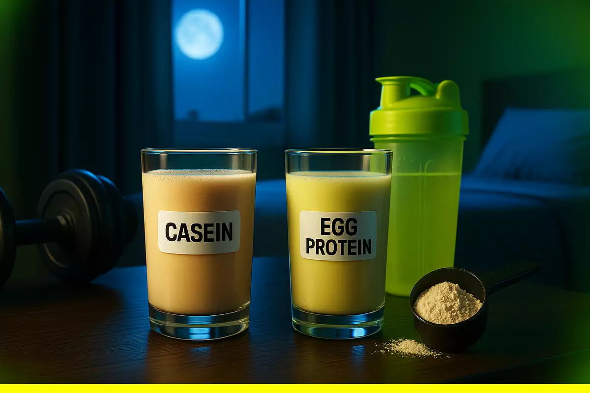 Casein and egg protein shakes on a nightstand for nighttime muscle recovery.
