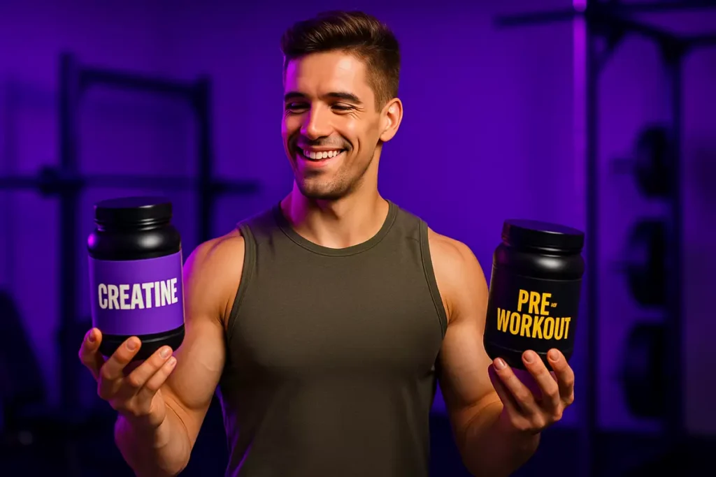 person holding creatine and pre-workout in hands, deciding between them in gym setting