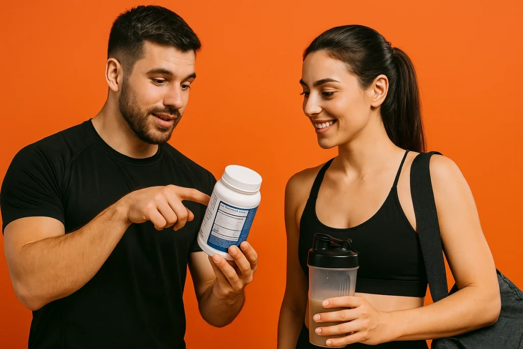 Coach helping client read lactose-free whey protein label in gym