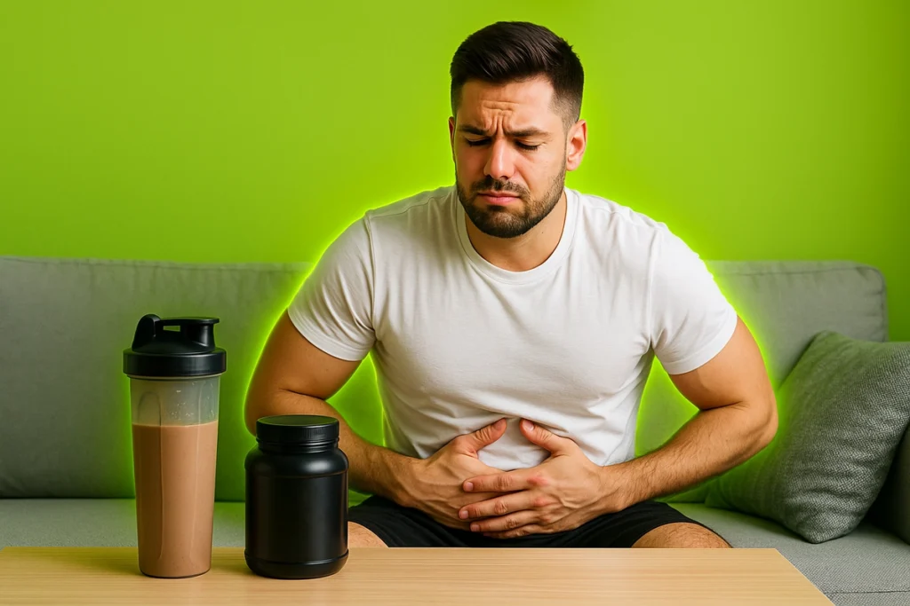 Person feeling uncomfortable after consuming a mass gainer shake at night.