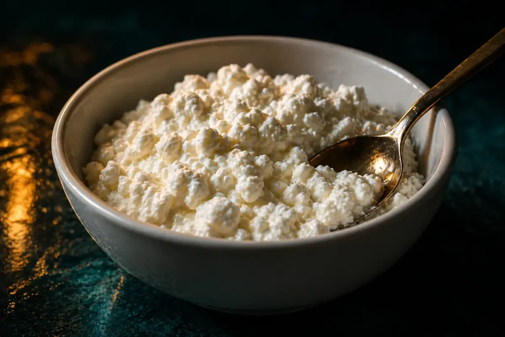 Close-up of a bowl of cottage cheese on a dark surface, soft dramatic lighting highlighting its creamy texture, representing the benefits and drawbacks of eating cottage cheese before sleep.