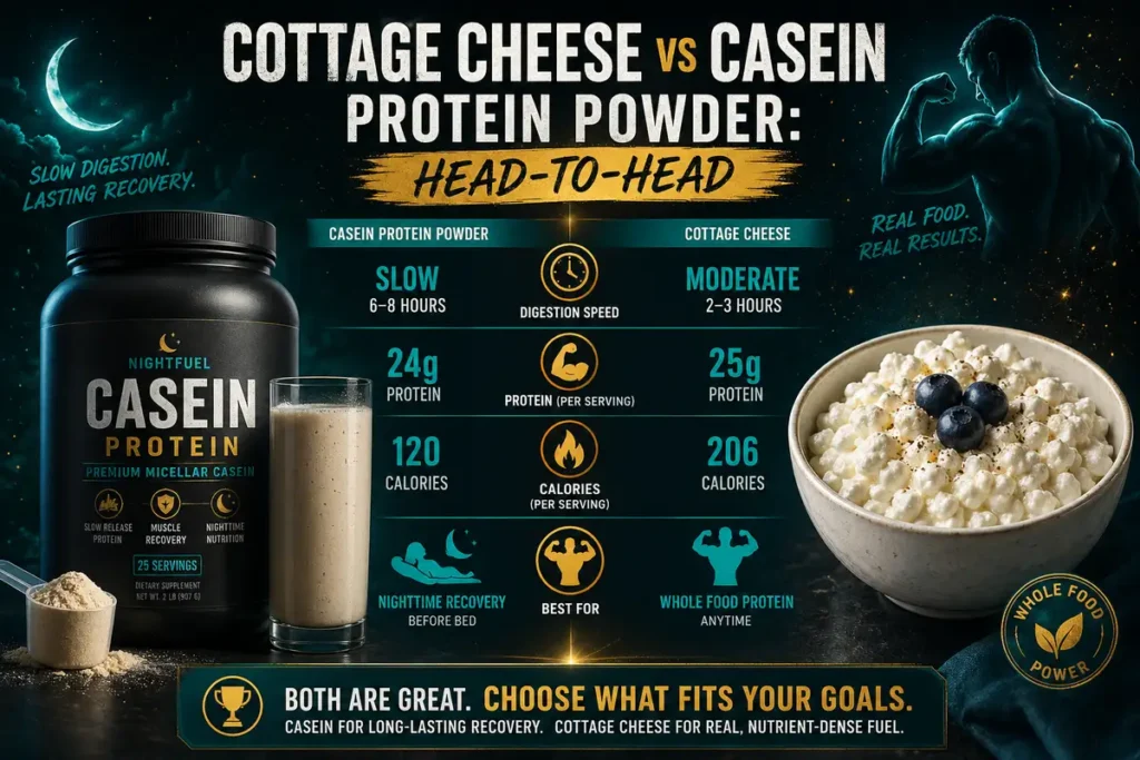 Cottage cheese vs casein protein powder head-to-head comparison infographic showing digestion speed, protein content, calories, and best use for cutting versus bulking in a side-by-side layout.