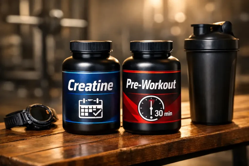 Creatine and pre-workout supplements stacked together on wooden bench with watch showing pre-workout timing 30 minutes before gym