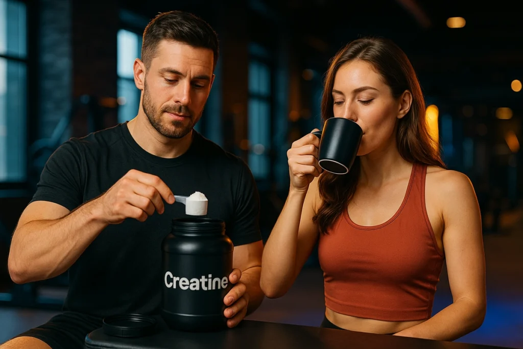 Trainer comparing creatine and caffeine supplement interaction