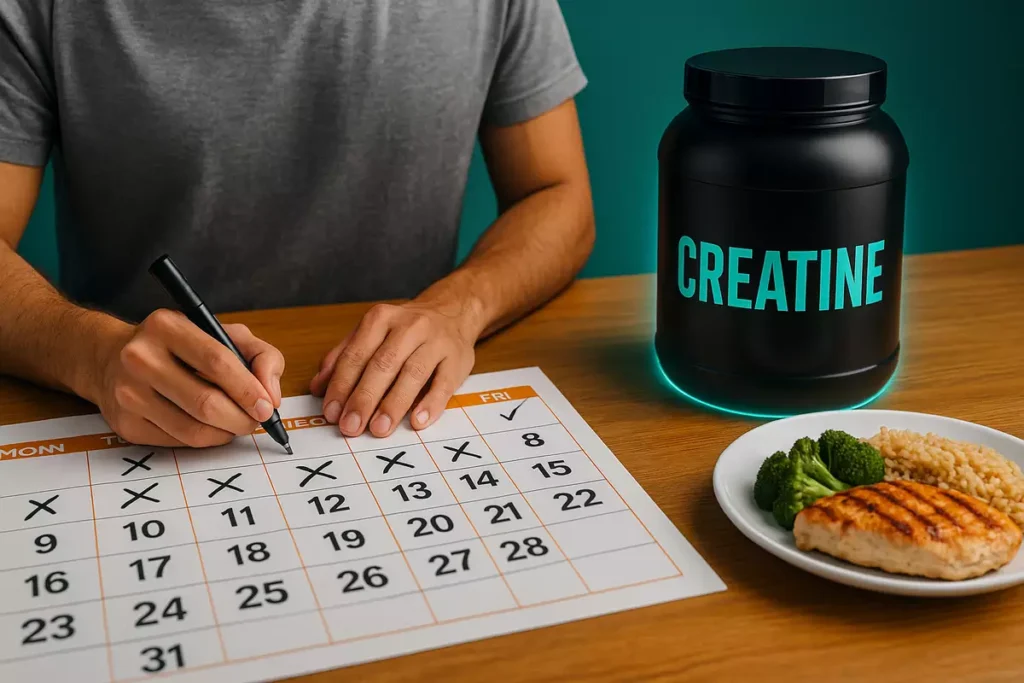 Fitness calendar marked with daily progress, creatine and meal on table showing consistent supplementation