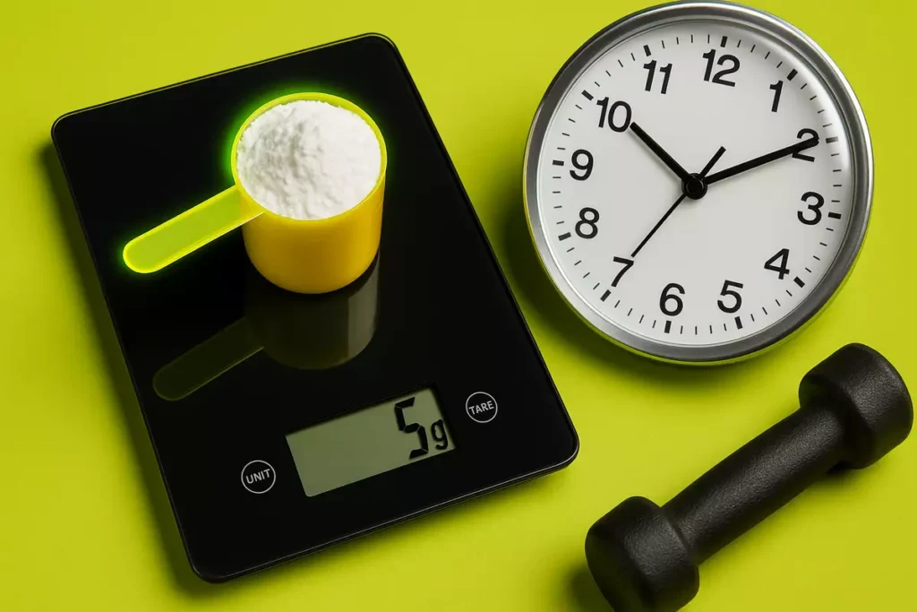 5g creatine scoop next to clock and scale showing ideal dosage and timing