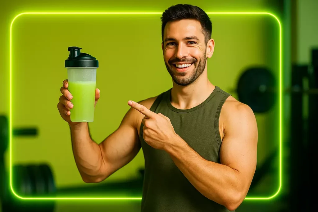 Fitness trainer holding shaker bottle in gym deciding between regular and micronized creatine