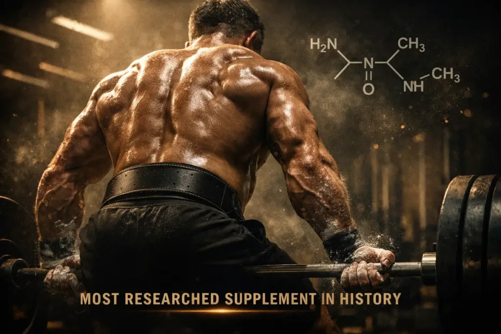 Strong athlete doing deadlift while taking creatine monohydrate for long-term muscle growth and strength gains