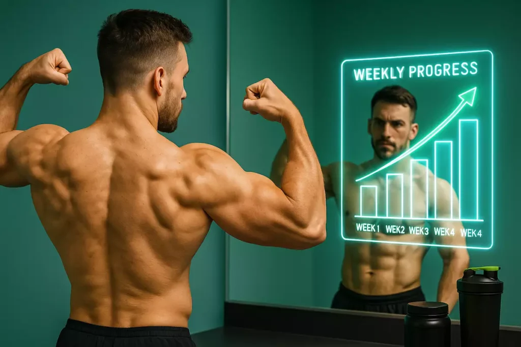 Muscle progress chart over 4 weeks with flexing athlete and creatine supplement