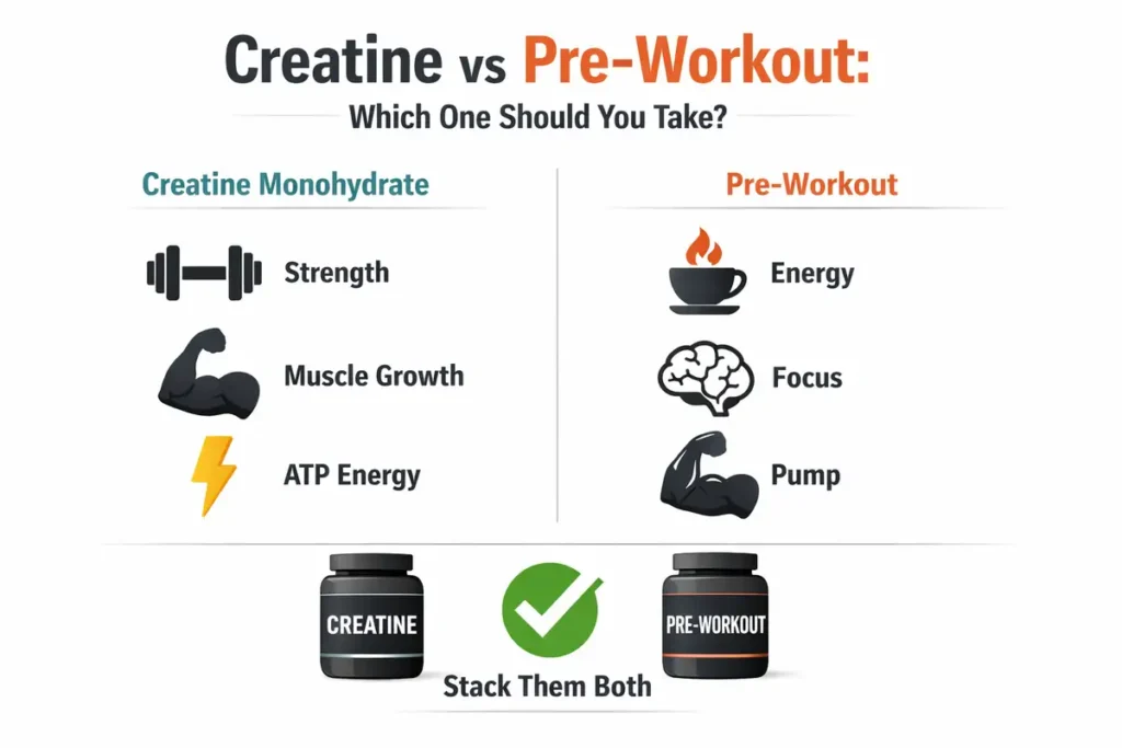 Infographic comparing creatine monohydrate and pre-workout supplements for energy, strength, and muscle growth
