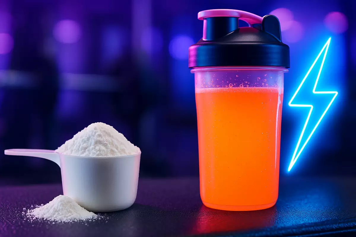 creatine powder scoop vs pre-workout drink with gym background