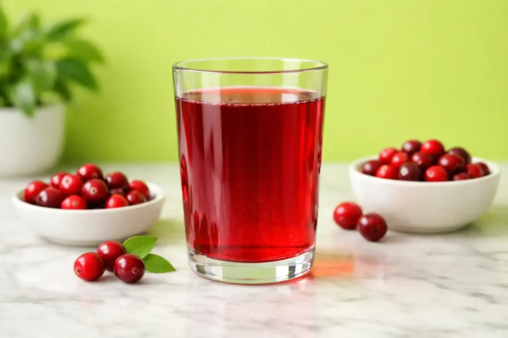 Creatine mixed with cranberry juice in a clear glass on kitchen counter