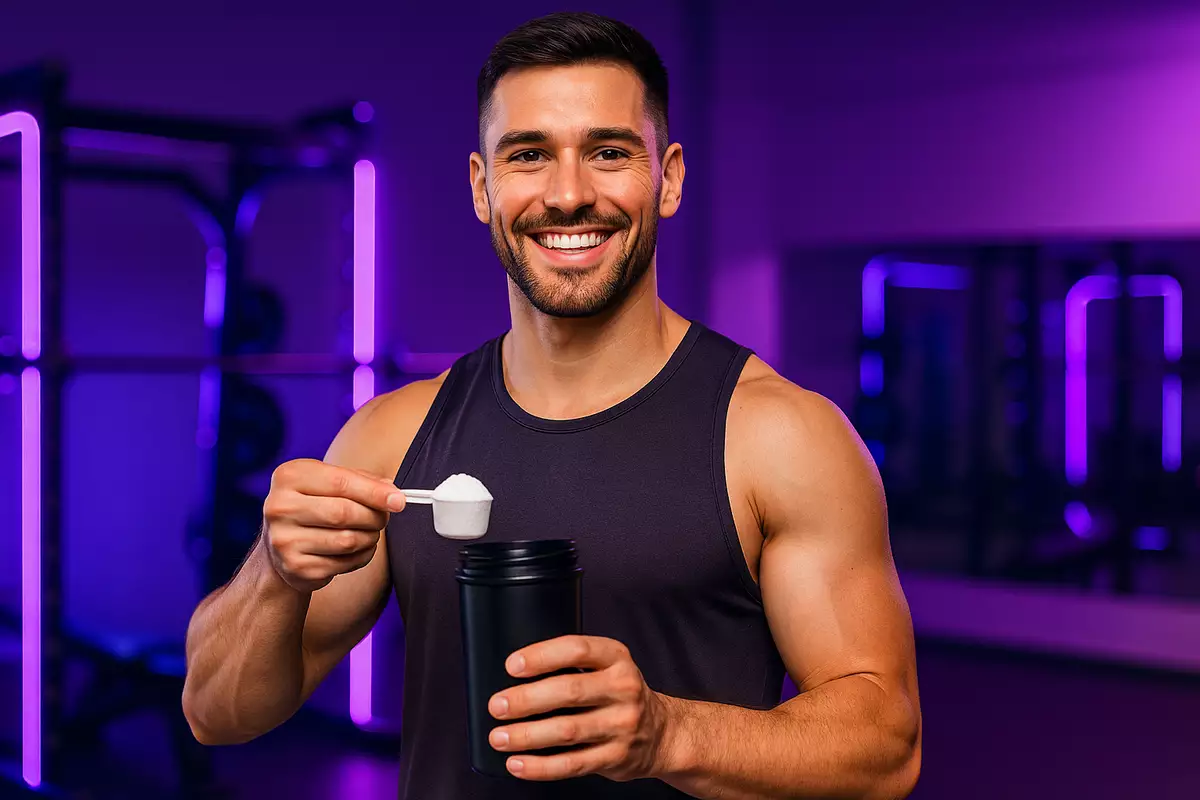 Fit athlete with creatine scoop showing daily supplement routine in gym