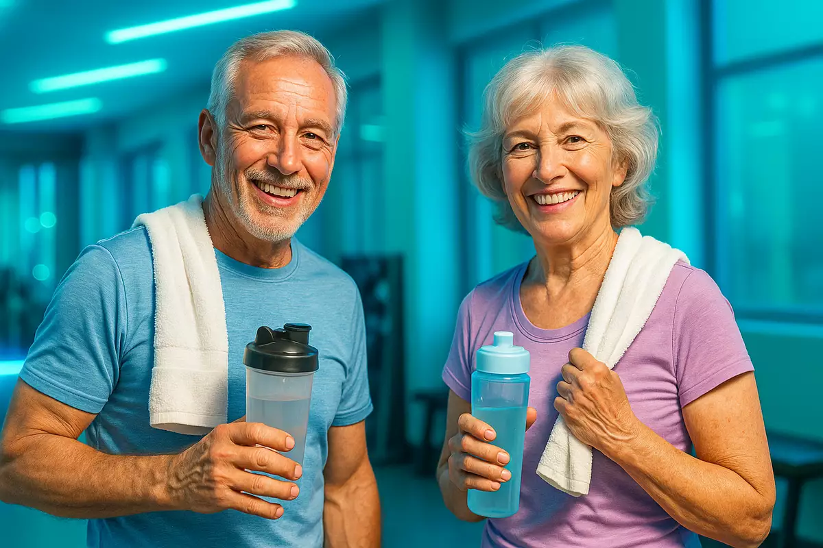 Fit older man and woman post-workout showing strength and energy after using EAAs