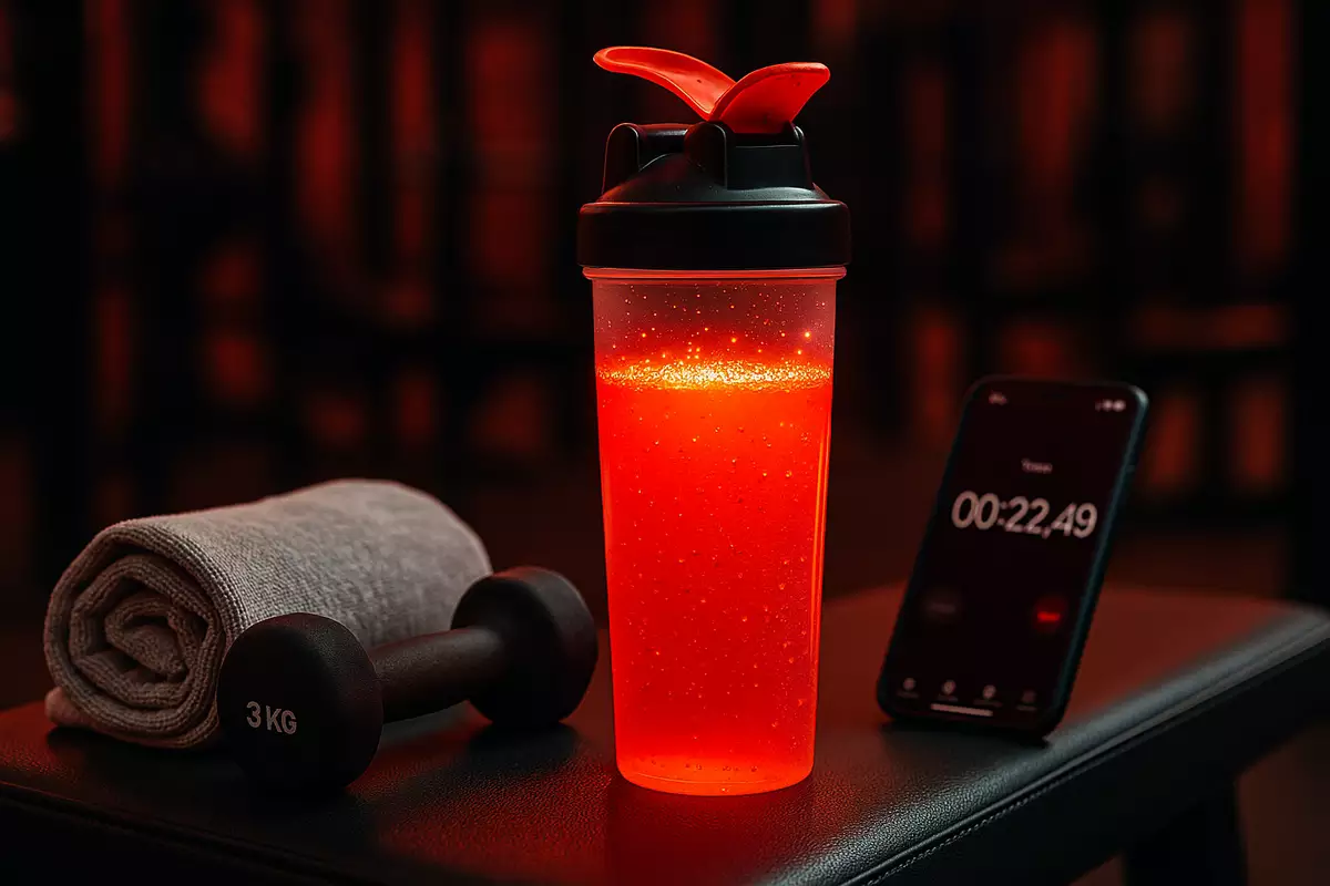 Shaker bottle with EAA drink in gym with weights and towel in background